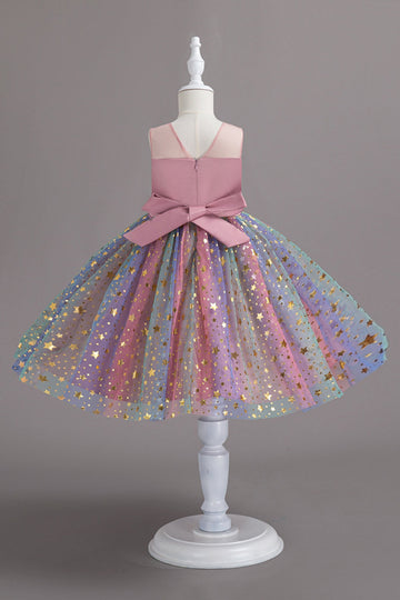A Line Jewel Neck Blush Girls Party Dress with Bowknot